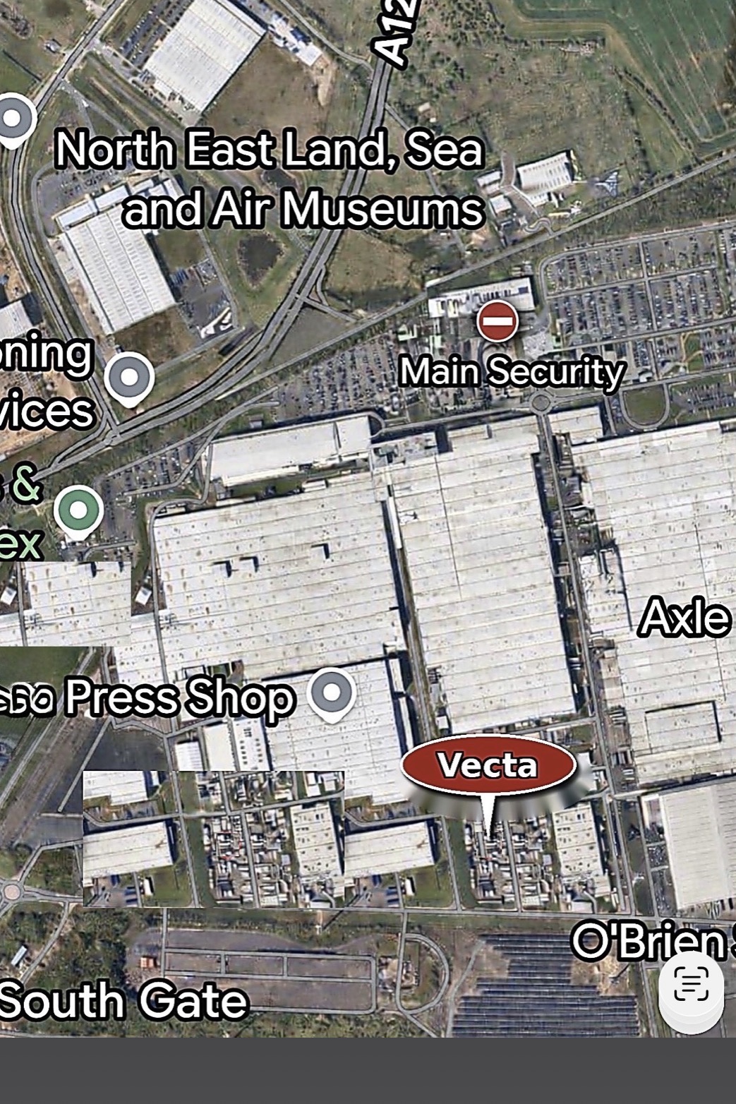 Map showing Vecta Workshop and the South Gate entrance at NMUK